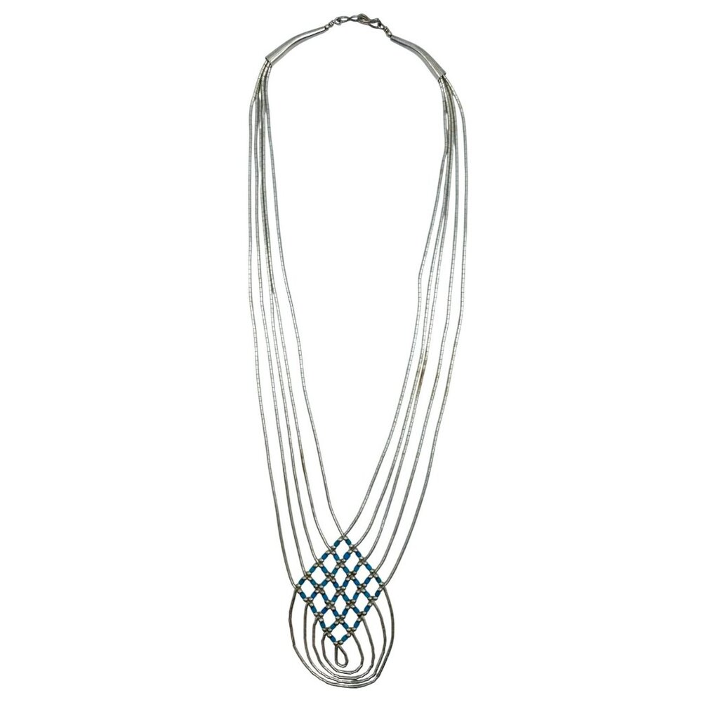 Native American Liquid Silver Woven Turquoise Beaded Necklace 18" Vintage 17.4g - Picture 8 of 9